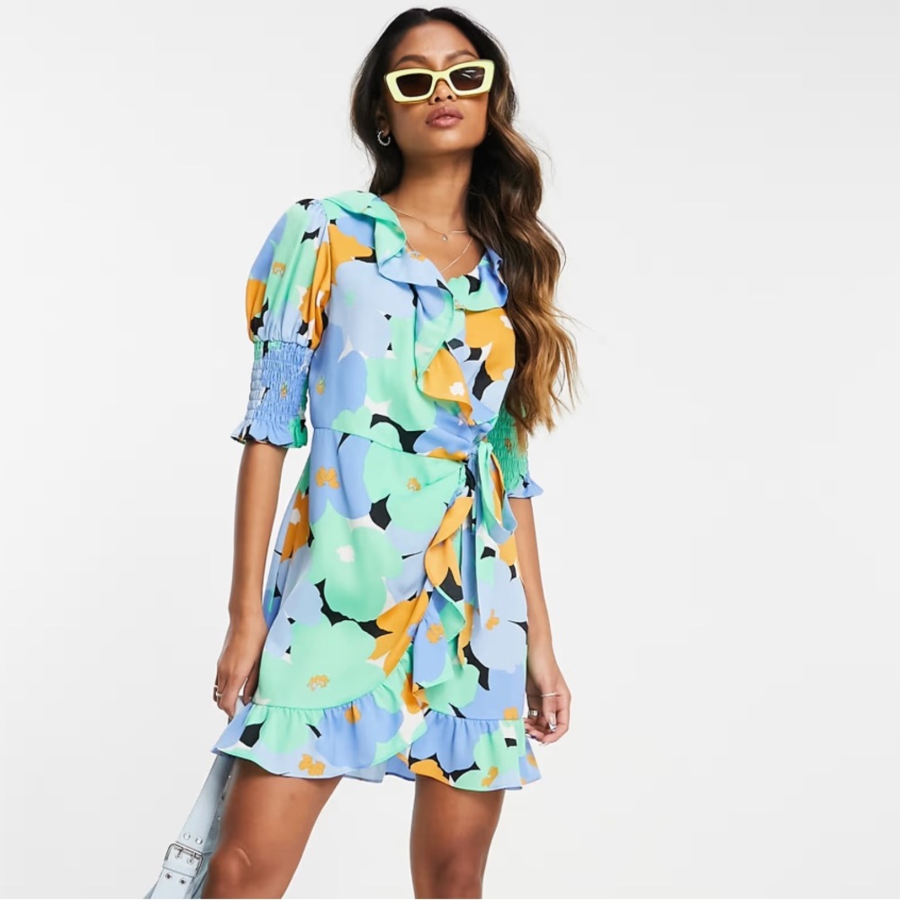 Topshop large blue floral wrap mini dress.